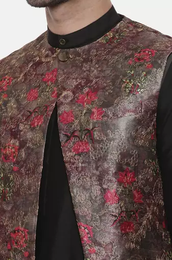 Rust Pink Printed Open Silk Jacket