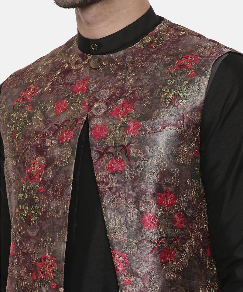 Rust Pink Printed Open Silk Jacket