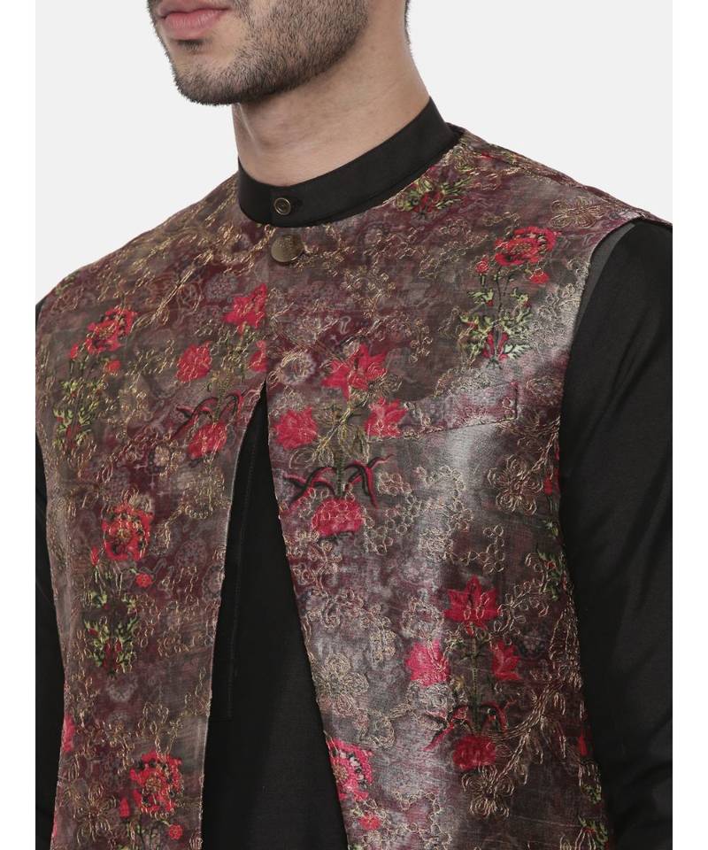 Rust Pink Printed Open Silk Jacket