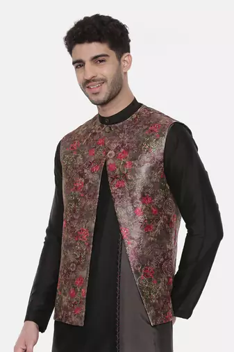 Rust Pink Printed Open Silk Jacket