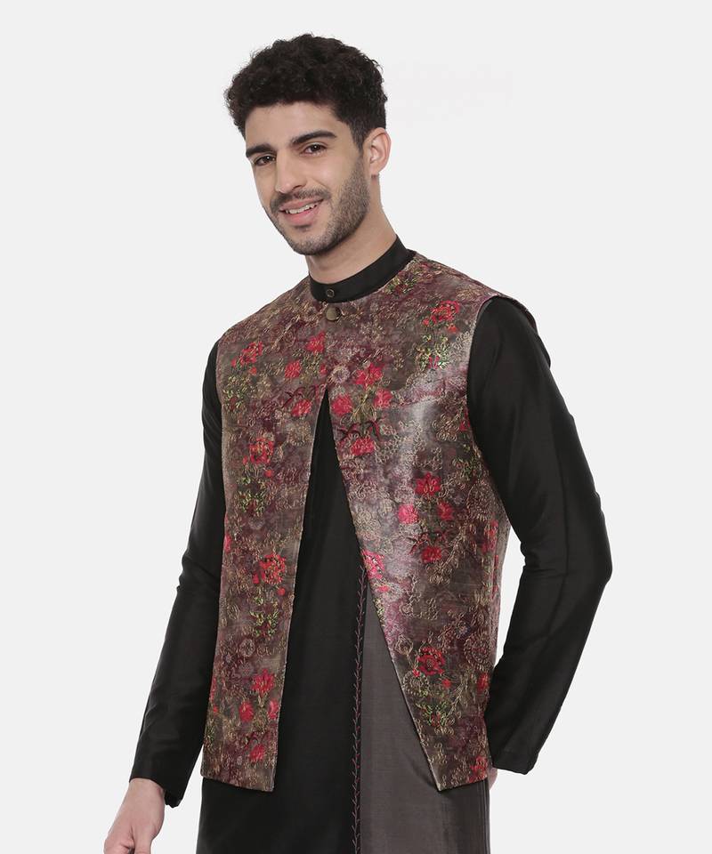 Rust Pink Printed Open Silk Jacket