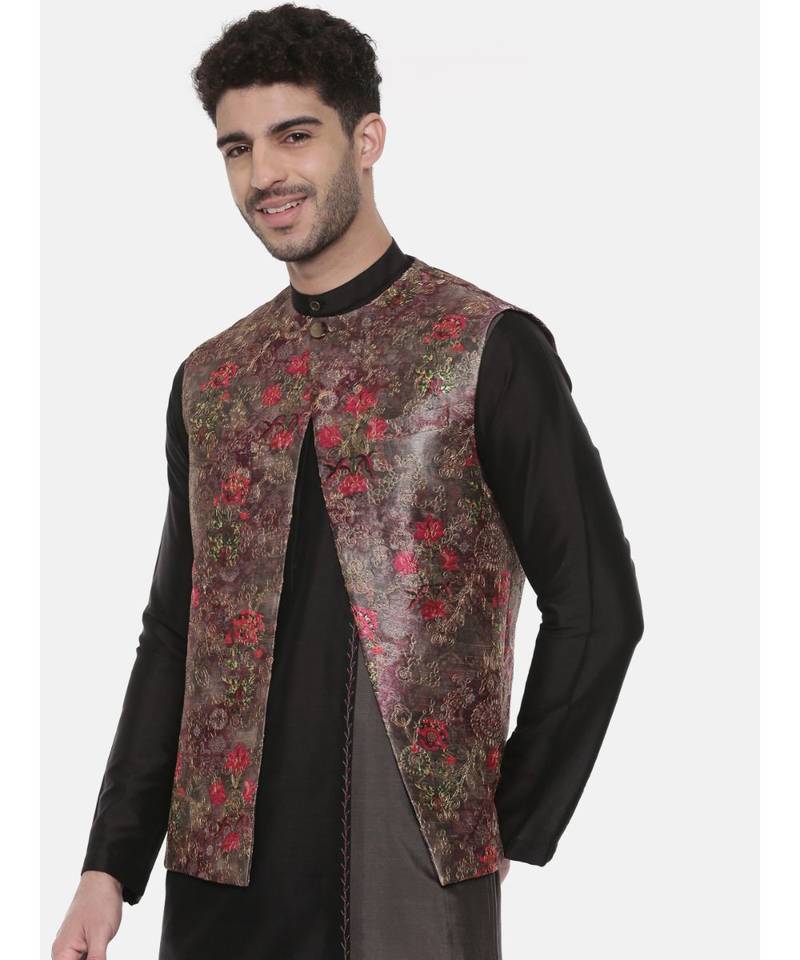 Rust Pink Printed Open Silk Jacket