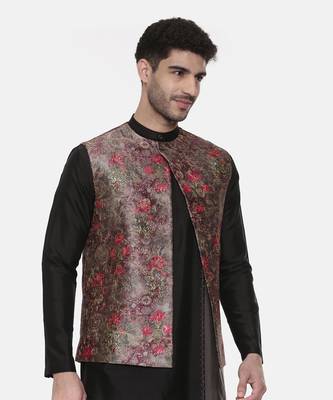 Rust Pink Printed Open Silk Jacket 5