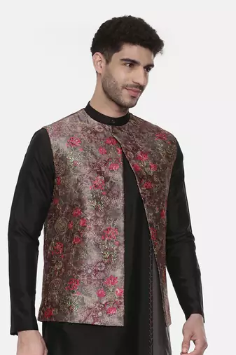 Rust Pink Printed Open Silk Jacket