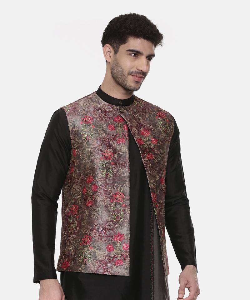 Rust Pink Printed Open Silk Jacket