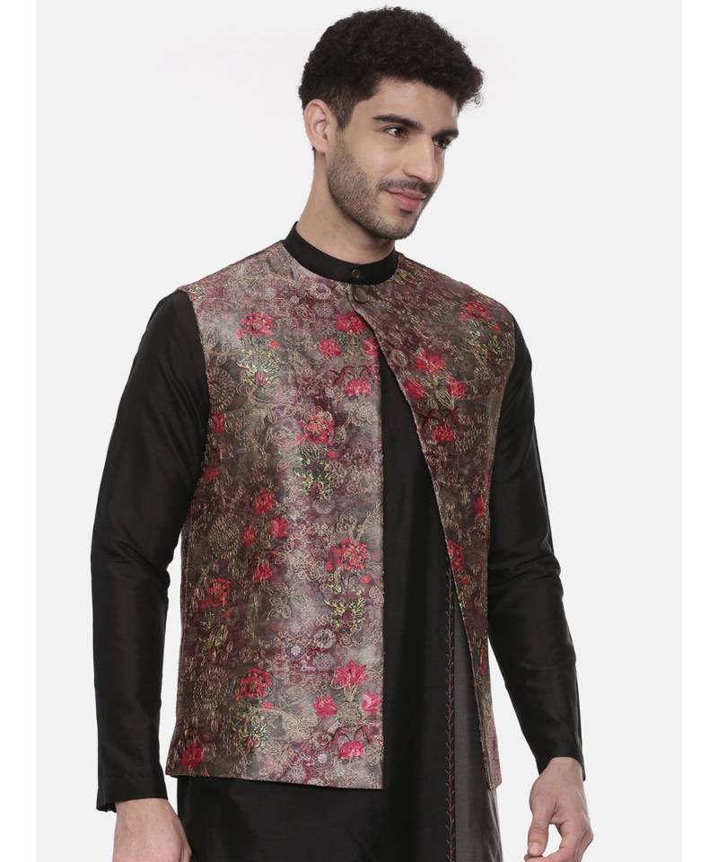 Rust Pink Printed Open Silk Jacket