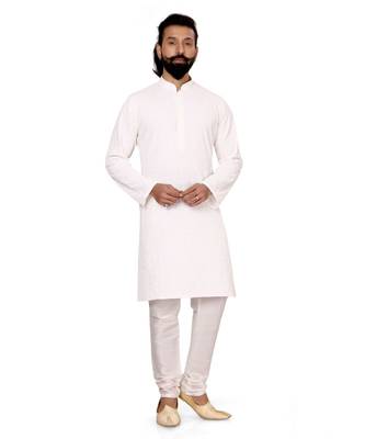 Men White Georgette Embroidery Kurta Churidar Set 2