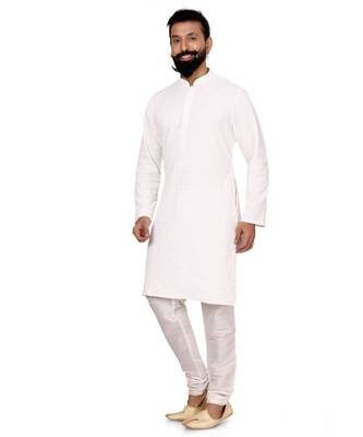Men White Georgette Embroidery Kurta Churidar Set 3