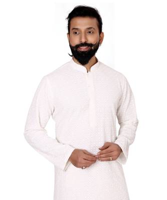 Men White Georgette Embroidery Kurta Churidar Set 6