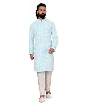 Men Sky Blue Georgette Embroidery Kurta Churidar Set 2