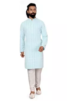 Men Sky Blue Georgette Embroidery Kurta Churidar Set