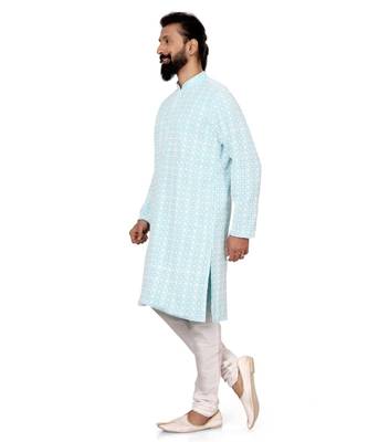 Men Sky Blue Georgette Embroidery Kurta Churidar Set 3