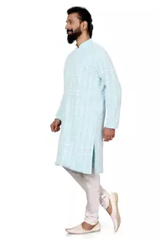 Men Sky Blue Georgette Embroidery Kurta Churidar Set