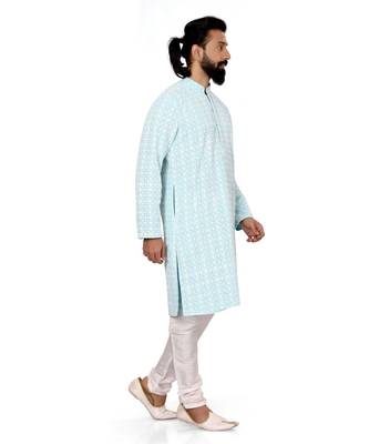 Men Sky Blue Georgette Embroidery Kurta Churidar Set 4