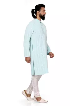 Men Sky Blue Georgette Embroidery Kurta Churidar Set