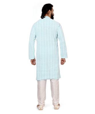 Men Sky Blue Georgette Embroidery Kurta Churidar Set 5
