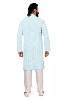 Men Sky Blue Georgette Embroidery Kurta Churidar Set