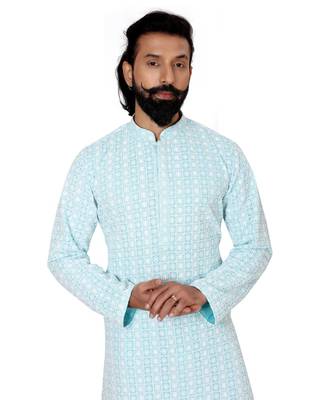Men Sky Blue Georgette Embroidery Kurta Churidar Set 6