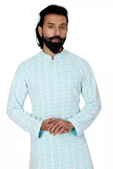 Men Sky Blue Georgette Embroidery Kurta Churidar Set