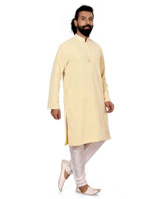 Men Yellow Georgette Embroidery Kurta Churidar Set 2