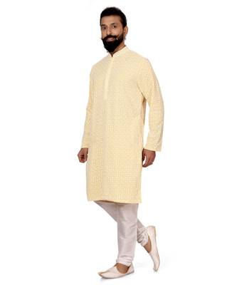 Men Yellow Georgette Embroidery Kurta Churidar Set 3