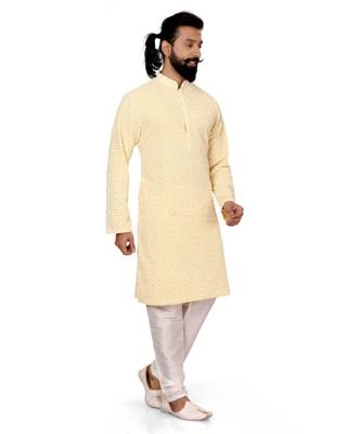 Men Yellow Georgette Embroidery Kurta Churidar Set 4