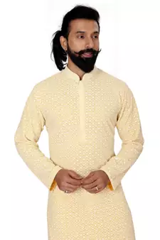Men Yellow Georgette Embroidery Kurta Churidar Set