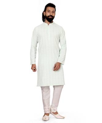 Men Aqua Green Georgette Embroidery Kurta Churidar Set 2