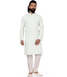 Men Aqua Green Georgette Embroidery Kurta Churidar Set