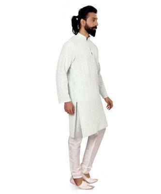 Men Aqua Green Georgette Embroidery Kurta Churidar Set 3