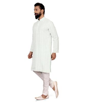Men Aqua Green Georgette Embroidery Kurta Churidar Set 4