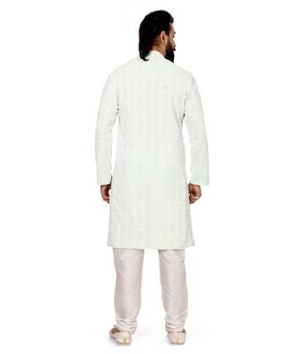 Men Aqua Green Georgette Embroidery Kurta Churidar Set 5