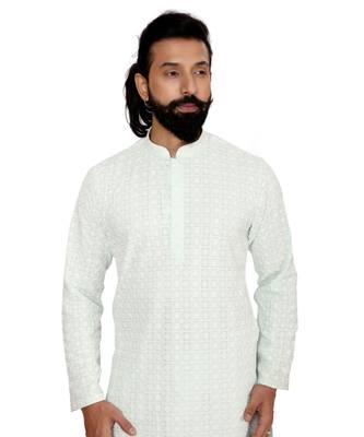 Men Aqua Green Georgette Embroidery Kurta Churidar Set 6