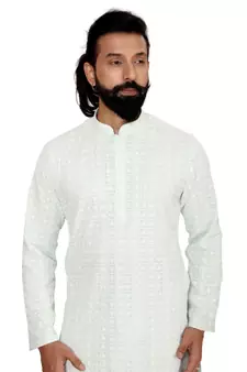Men Aqua Green Georgette Embroidery Kurta Churidar Set