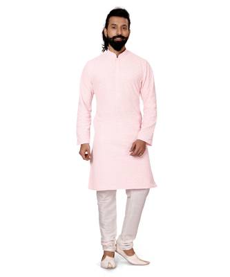 Men Light Pink Georgette Embroidery Kurta Churidar Set 2