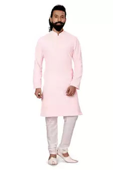 Men Light Pink Georgette Embroidery Kurta Churidar Set