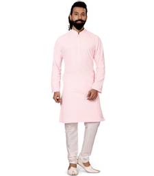 Men Light Pink Georgette Embroidery Kurta Churidar Set