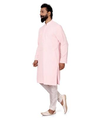 Men Light Pink Georgette Embroidery Kurta Churidar Set 3