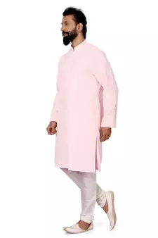 Men Light Pink Georgette Embroidery Kurta Churidar Set