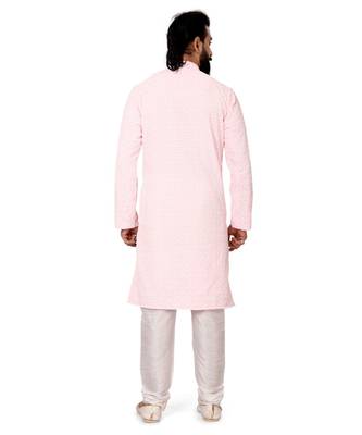 Men Light Pink Georgette Embroidery Kurta Churidar Set 5