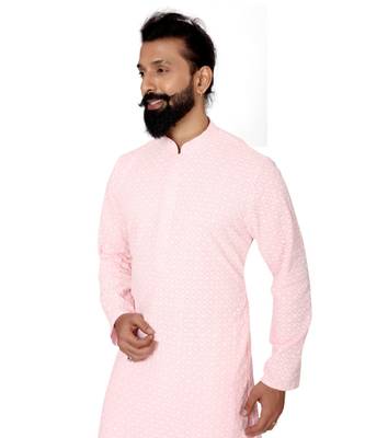 Men Light Pink Georgette Embroidery Kurta Churidar Set 6