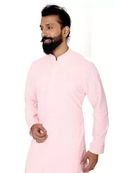 Men Light Pink Georgette Embroidery Kurta Churidar Set