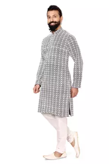 Men Black Georgette Embroidery Kurta Churidar Set