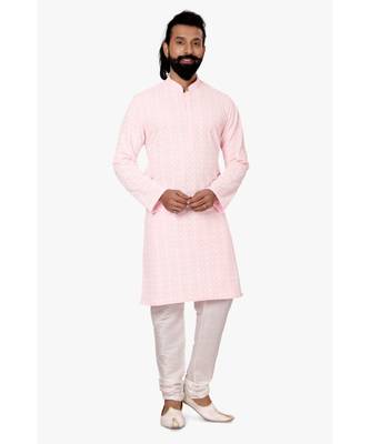 Men Light Pink Georgette Embroidery Kurta Churidar Set 2