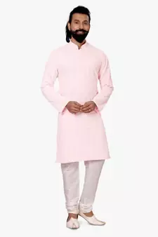 Men Light Pink Georgette Embroidery Kurta Churidar Set