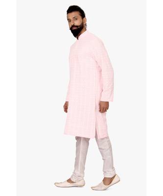 Men Light Pink Georgette Embroidery Kurta Churidar Set 3