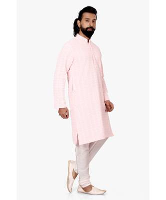 Men Light Pink Georgette Embroidery Kurta Churidar Set 4