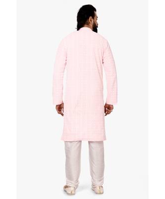 Men Light Pink Georgette Embroidery Kurta Churidar Set 5