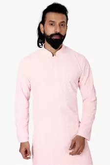 Men Light Pink Georgette Embroidery Kurta Churidar Set