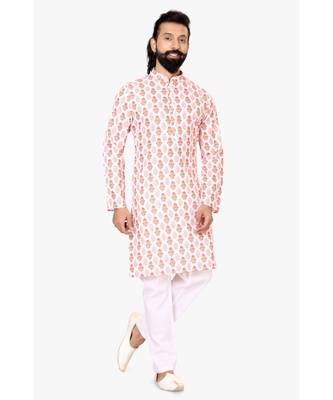 Men White Cotton Digital Printed Kurta Churidar Set 2